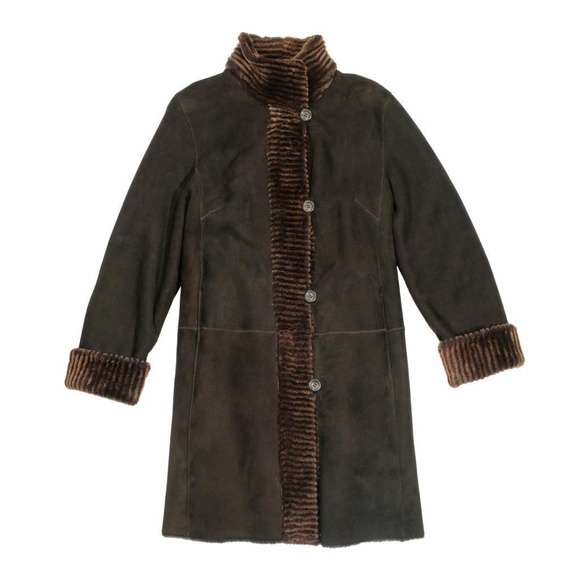LKNW AUTUNNO Shearlings Coat Knee-Length Sz M Dark Brown Authentic Sheepskin Fur